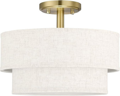 12 Inch LED 18W Adjustable 3000/4000/5000 Gold Double Drum Linen Fabric Shade Semi Flush Mount Close to Ceiling Light Fixture for Bedroom,Living Room,Dining Room Hallway