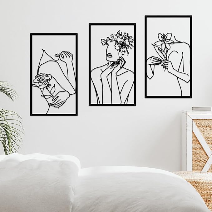 ESTART 3 Pieces Metal Minimalist Abstract Woman Wall Art Line Drawing Women Body Shape Wall Sculptures Single Line Female Flower Home Wall Art Decor for Bedroom Bathroom Living Room Kitchen