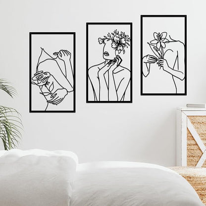 ESTART 3 Pieces Metal Minimalist Abstract Woman Wall Art Line Drawing Women Body Shape Wall Sculptures Single Line Female Flower Home Wall Art Decor for Bedroom Bathroom Living Room Kitchen