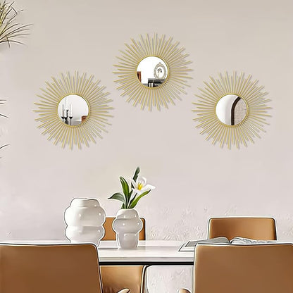 3 Pack Metal Mirrors for Wall Sunburst Wall Mirrors Home Décor Decorative Hanging Wall Art for Living Room Bedroom Entryway (Gold2, Sunburst)