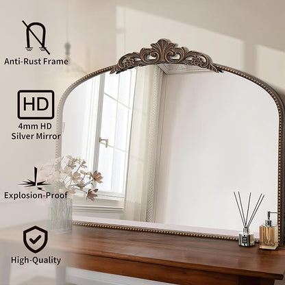 Micasso Large Bronze Vintage Mirror: 40"x29" French Baroque Antique Arched Mirror - Traditional Ornate Decorative for Wall/Fireplace/Mantel/Entryway/Bathroom/Hallway - Home Decor for Living Room