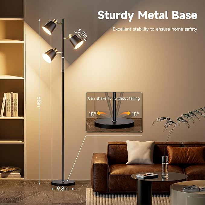 Upgraded RGB Tree Floor Lamp, 2500LM Super Bright Standing Lamp with 9 Dynamic Modes, 10 Color Temperatures, LED Floor Lamp with 3 Rotatable Lights, Modern Floor Lamps for Living Room Gaming Room