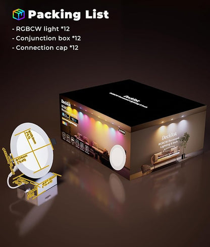 DeckTok Smart Recessed Lighting 6 inch, 16 Million Colors, 1200LM, 2700~6000K CCT, 1%~100% Dimmable, RGBCW Canless Recessed Lighting with Alexa & Google Assistant for Whole Home Lighting, 12-Pack
