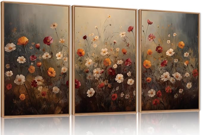 KAIRNE Moody Colorful Wildflower Framed Canvas Wall Art Set,Vintage Daisy Floral Wall Decor,Watercolor Flowers Art Prints,Rustic Botanical Artwork for Living Room,Bedroom,Farmhouse,Office-16 x24 x3