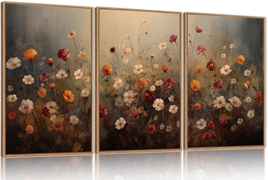 KAIRNE Moody Colorful Wildflower Framed Canvas Wall Art Set,Vintage Daisy Floral Wall Decor,Watercolor Flowers Art Prints,Rustic Botanical Artwork for Living Room,Bedroom,Farmhouse,Office-16 x24 x3