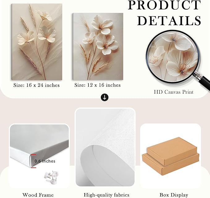 FYLDPSB 3Pcs Unframed Neutral Beige Floral Canvas Wall art, Modern Simple Texture Plant Painting Wall Decor, Vintage Flower Poster Prints for Living Room Bedroom Farmhouse Ready to Hang 24''L x 16''W