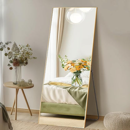 DUMOS 19"x58" Full Length Mirror with Stand, Floor Standing Aluminum Frame, Shatter-Proof Nano Glass for Bedroom, Living Room, Cloakroom – Modern Simple Home Decor,Can Be Hanging or Leaning, Gold