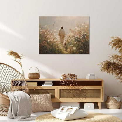 Jesus Leaves the 99 Sheep Wall Art The Lost Sheep Bible Stories Painting picture Wall Decor religion Christian Wildflowers Poster Print Artwork for Church LDS bedroom Living Home Decor 12x16 in Canvas