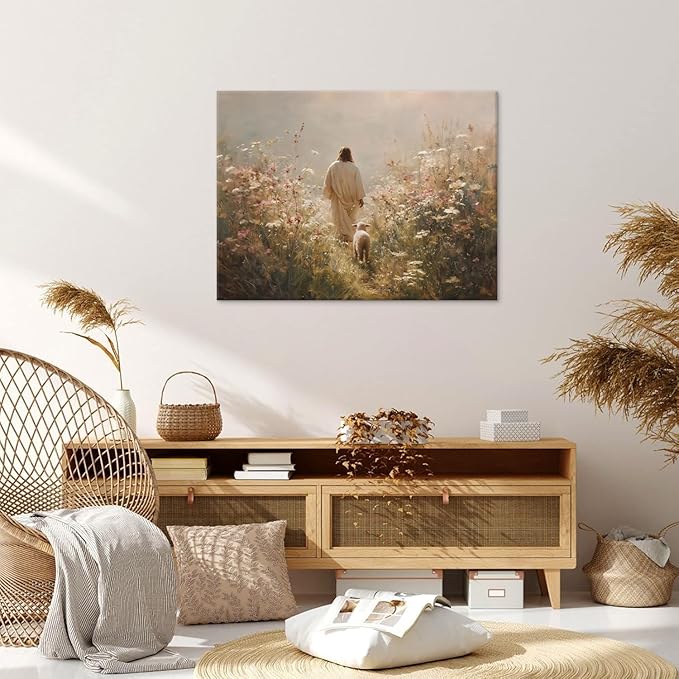 Jesus Leaves the 99 Sheep Wall Art The Lost Sheep Bible Stories Painting picture Wall Decor religion Christian Wildflowers Poster Print Artwork for Church LDS bedroom Living Home Decor 24x36 in Canvas