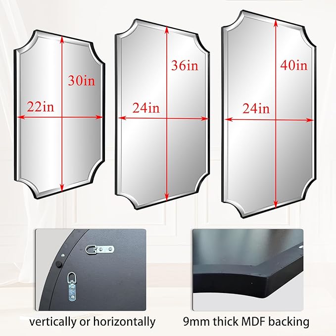 POZINO Rectangle Beveled Mirror, 24"x40" Modern Bathroom Vanity Mirror for Over Sink, Matte Black Rounded Corner Oblong Mirrors for Living Room Bedroom Entryway, Horizontal or Vertical Hanging