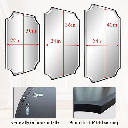 POZINO Rectangle Beveled Mirror, 24"x40" Modern Bathroom Vanity Mirror for Over Sink, Matte Black Rounded Corner Oblong Mirrors for Living Room Bedroom Entryway, Horizontal or Vertical Hanging