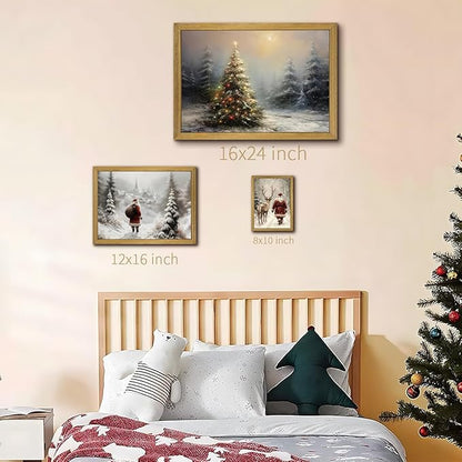 Vintage Christmas Wall Art, Vintage Pine Tree Canvas Wall Decor Painting, Rustic Winter Tree Print, Botanical Winter Art, for Table Farmhouse Mantel Home Office 8x10 Inch Wood Framed
