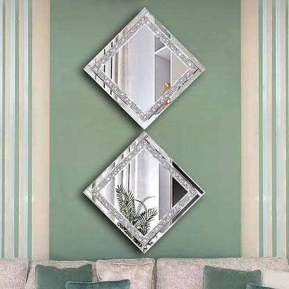 Meetart Crystal Crush Diamond Silver Mirror 12'' x 12'' 2PCS,Frameless Stylish Gorgeous Diamond Decor Glam Glass Mirror. for Bedroom Bathroom Hanging Mirror Home for Wall Decor.