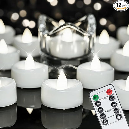 merrynights Remote Candles, 12PCS Flameless Tea Lights Candle Battery Operated with Timer, 400+Hours Remote Control LED Tea Lights Votive Candle - 1.5'' D X 1.25'' H- Pure White Light