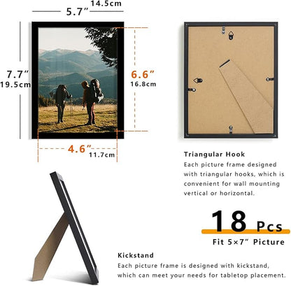 A ART·ZONE Black Picture Frames 5x7-18 Pack Photo Frame Set for Wall Decor & Tabletop Display, Minimalist Black Frame Collection