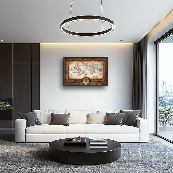 Large World Map Wall Art Vintage Maps Pictures Wall Decor for Office Abstract Farmhouse Oversized Canvas Painting Rustic Extra Large Framed Artwork for Bedroom Living Room Ready to Hang 24"x36"