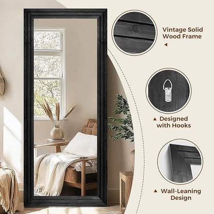 Full Length Wood Mirror 71x30 - Rustic Solid Wood Floor Mirror with Triple Layer Frame, HD Tempered Glass, Wall Mounted or Leaning Standing Mirror Vintage Black Mirror for Bedroom Bathroom Living Room