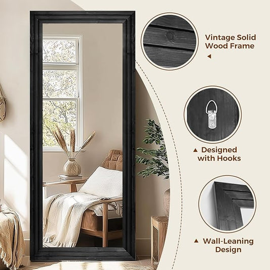 Full Length Wood Mirror 71x30 - Rustic Solid Wood Floor Mirror with Triple Layer Frame, HD Tempered Glass, Wall Mounted or Leaning Standing Mirror Vintage Black Mirror for Bedroom Bathroom Living Room
