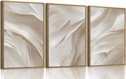 myusuar 3 Piece Large Abstract Framed Wall Art For Living Room, Smoke Texture Ink Beige White Canvas Wall Art Modern Minimalist Art Prints Wall Décor For Bedroom Office 24x36in
