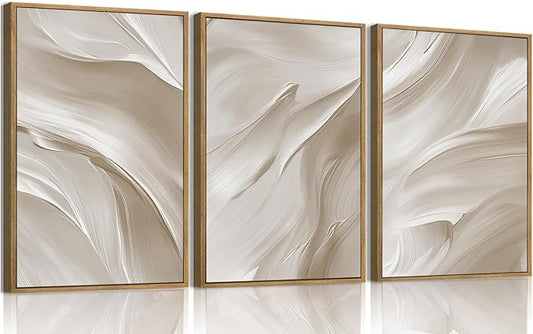 myusuar 3 Piece Large Abstract Framed Wall Art For Living Room, Smoke Texture Ink Beige White Canvas Wall Art Modern Minimalist Art Prints Wall Décor For Bedroom Office 24x36in