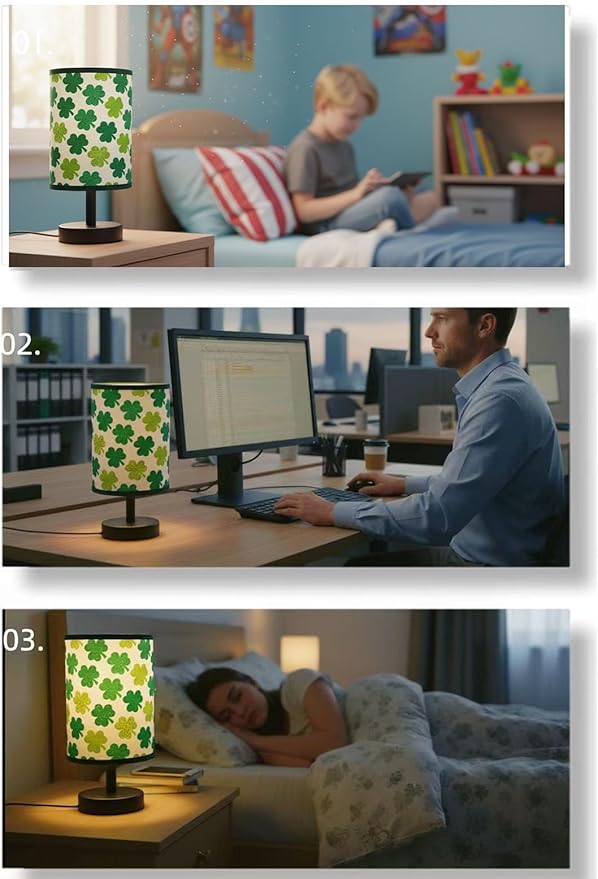 Green Desk Lamp, Clover Bedroom Lamp 3-Color Small Linen Desk Lamp, 10 x 5.12 Inch with Integrated LED, Girls Bedroom Table Lamp - Lucky Shamrocks Gifts for Kids - Decor for Window Room Bedroom