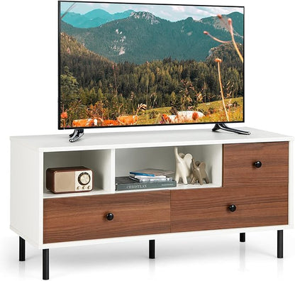 Tangkula Farmhouse TV Stand for 50-inch TVs, Modern Flat Screen Console Table with 2 Cubbies & 3 Large Drawers, Entertainment Center Storage Cabinet for Living Room (White & Walnut)