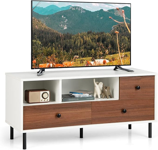 Tangkula Farmhouse TV Stand for 50-inch TVs, Modern Flat Screen Console Table with 2 Cubbies & 3 Large Drawers, Entertainment Center Storage Cabinet for Living Room (White & Walnut)
