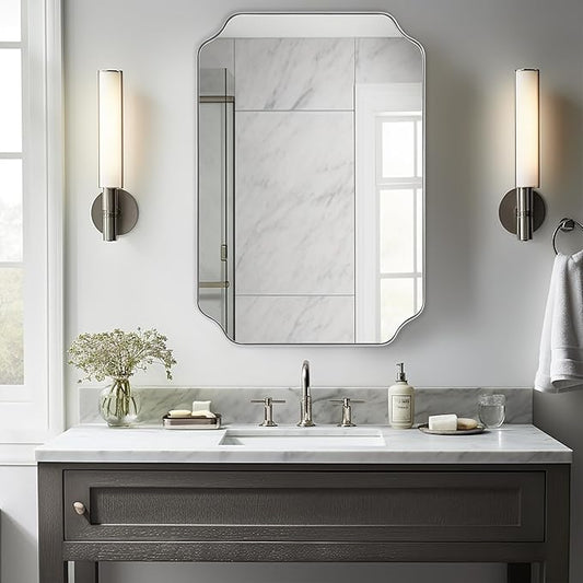 ANDY STAR Scalloped Bathroom Mirror, 24x36 Inch Brushed Nickel Rectangle Mirror, Silver Bathroom Vanity Mirror, Silver Framed Mirror in Anti-Rust Stainless Steel Metal, Thin Frame Deep 1’’