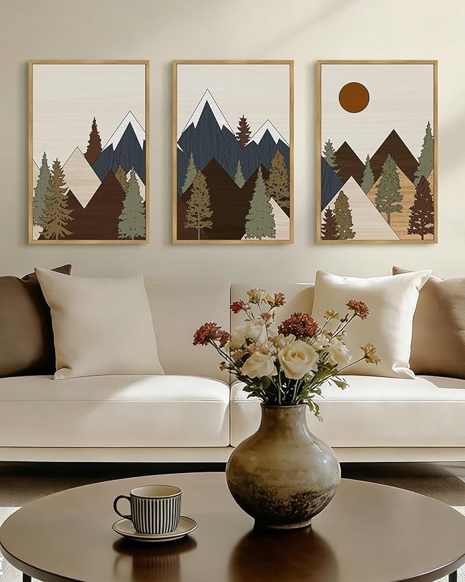 Drsoum Morden Mountains Landscape Wall Art Framed Boho Pine Tree Forest Nature Prints Boho Farmhouse Rustic Artwork Hallway Bedroom Ready to Hang 16x24in Natural Framed