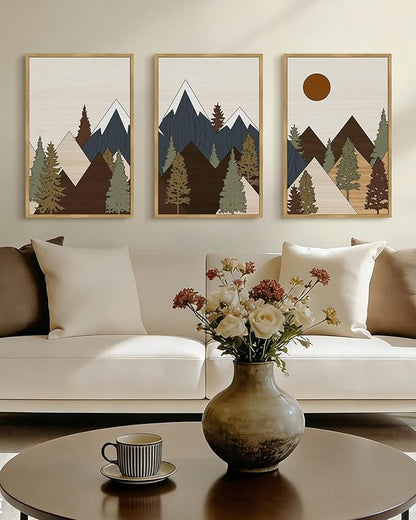 Drsoum Morden Mountains Landscape Wall Art Framed Boho Pine Tree Forest Nature Prints Boho Farmhouse Rustic Artwork Hallway Bedroom Ready to Hang 16x24in Natural Framed