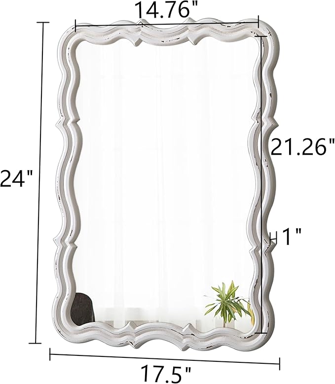 Rustic Scalloped Wall Mirror Decorative 24 X 18 Inch, Hanging Distressed White Wavy Wooden Frame Farmhouse Rectangular Mirrors for Wall Decor Living Room Bathroom, Horizontal or Vertical