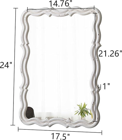 Rustic Scalloped Wall Mirror Decorative 24 X 18 Inch, Hanging Distressed White Wavy Wooden Frame Farmhouse Rectangular Mirrors for Wall Decor Living Room Bathroom, Horizontal or Vertical