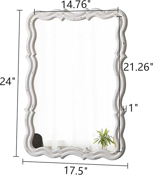 Rustic Scalloped Wall Mirror Decorative 24 X 18 Inch, Hanging Distressed White Wavy Wooden Frame Farmhouse Rectangular Mirrors for Wall Decor Living Room Bathroom, Horizontal or Vertical