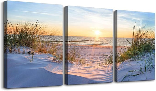 MHARTK66 Wall Decor For Living Room Canvas Wall Art For Bedroom Modern Office Pictures Wall Artwork Blue Sun Beach Grass Ocean Landscape Paintings Canvas Art Prints Home Decorations 3 piece