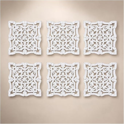 Wall Panels for Living Room & Bedroom – Hand-Carved Decorative Wood Wall Art Set of 6, 12x12" White Antique, Rustic Home Décor,Elegant Decorative Wall Art for Home & Office