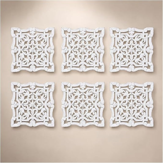 Wall Panels for Living Room & Bedroom – Hand-Carved Decorative Wood Wall Art Set of 6, 12x12" White Antique, Rustic Home Décor,Elegant Decorative Wall Art for Home & Office