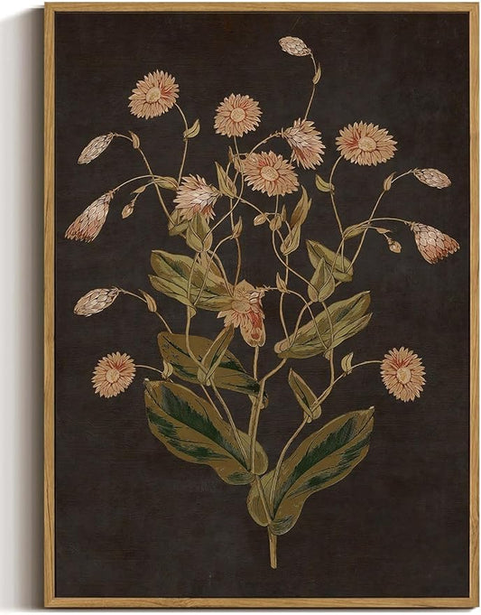 WALLZK Vintage Framed Wall Art Botanical Canvas Prints Painting Dark Moody Floral Wall Decor Retro Wildflower Pictures Artwork for Walls Living Room Bedroom Bathroom 12"x16"