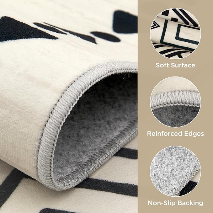 Joydeco Moroccan Rug 8x10 for Living Room, Modern Washable Area Rugs for Bedroom, Low Pile Western Carpet for Dining Room Table, Distressed Aztec Soft Carpet for Office Home Decor, Ivory