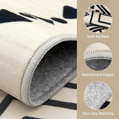 Joydeco 6x9 Moroccan Living Room Rugs, Modern Washable Area Rug for Bedroom, Western Low Pile Non Shedding Distressed Aztec Dining Room, Aztec Soft Non Slip Carpet for Office Home Decor, Ivory