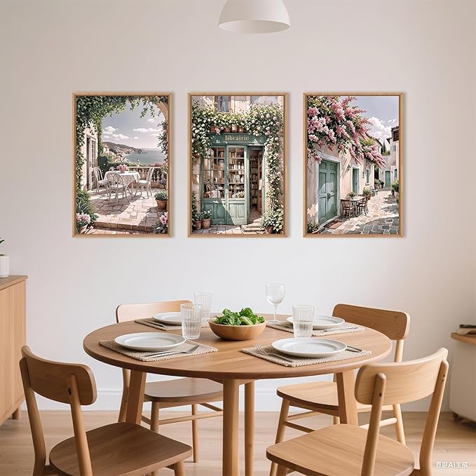 Modern French Flower Street Framed Canvas Wall Art Set,Romantic Green Landscape Wall Decor,Vintage Mediterranean Bookstore Neutral Coast Cityscape Artwork for Living Room, Bedroom-16 x24 x3