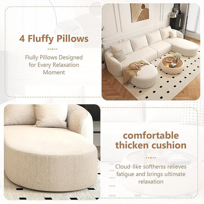 Settab 138.6" Modular Sectional Couches Luxury Modern Curved Back U-Shape Sofa Set with Ottoman,Minimalist Comfy Boneless Cloud Couch for Living Room Apartment,(Right Facing Chaise,White)