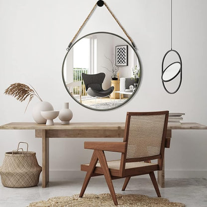 POZINO Round Rope Mirror, 30 Inch Large Circle Farmhouse Mirror, Hanging Mirror for Bathroom Bedroom Living Room Bathroom Entryway Fireplace, Grey