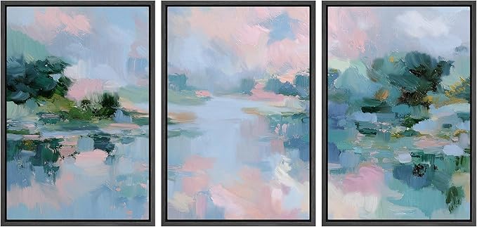 SIGNLEADER Framed Canvas Print Wall Art Set Soft Pastel Lake Landscape Illustrations Minimal Decorative Bohemian Nordic for Living Room, Bedroom, Office - 24"x36"x3 BLACK
