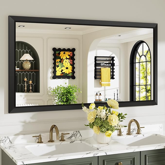 55x30 Inch Black Bathroom Mirror for Wall, Beveled Framed Rectangle Bathroom Vanity Mirrors for Over Sink, Bedroom, Living Room, Entryway, Anti-Rust, HD Tempered Glass, Horizontally/Vertically
