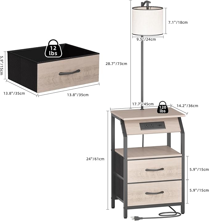 End Table with Floor Lamp, Nightstand with Charging Station, Floor Lamp Table with 3-Color Temperature Bulb, Bedside Table Night Stand with 2 Drawers for Bedroom, Living Room, Greige