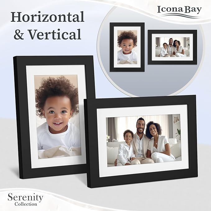 Icona Bay 4x6 Picture Frames w/Removable Mat for 3x5 Photos (Black, 10 Pack), Sleek Modern Style Frames, Table Top or Wall Mount, Serenity Collection