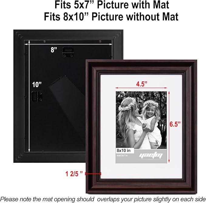 Yaetm 8x10 Picture Frame Matted to 5x7 Set of 4, 1.4” Wide Molding & Dark Brown Photo Frames 8 x 10 with HD Tempered Glass, Display on Tabletop & Wall Mounting (4 pack, Brown)