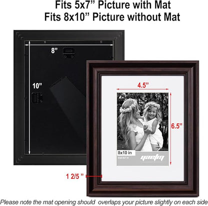 Yaetm 8x10 Picture Frame Matted to 5x7 Set of 4, 1.4” Wide Molding & Dark Brown Photo Frames 8 x 10 with HD Tempered Glass, Display on Tabletop & Wall Mounting (4 pack, Brown)