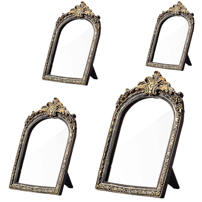Thyle 4 Pcs Vintage Mirror Set Gold Antique Makeup Mirror Arch Retro Resin Baroque Decorative Wall Square Hanging Desk Tabletop Room Bedroom Bathroom Gallery (13x9 10x7 8x5 7x4)(Dark Color)