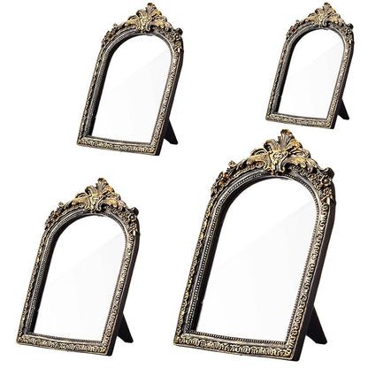 Thyle 4 Pcs Vintage Mirror Set Gold Antique Makeup Mirror Arch Retro Resin Baroque Decorative Wall Square Hanging Desk Tabletop Room Bedroom Bathroom Gallery (13x9 10x7 8x5 7x4)(Dark Color)